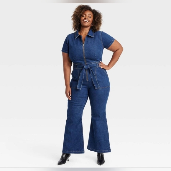 Women's Short Sleeve Denim Jumpsuit - Ava & Viv Dark Wash 18 - Picture 1 of 4
